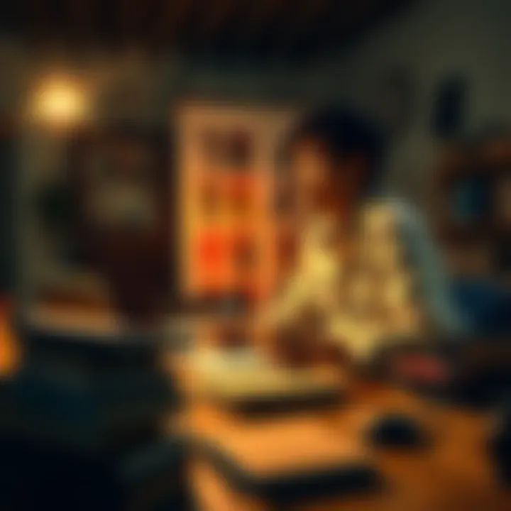 Young man studying La Regla Lucumi A young man sits at a desk with books and notes about La Regla Lucumi, looking thoughtful and engaged.