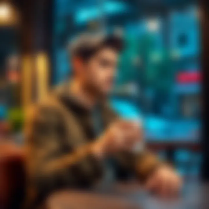 A 22-year-old man sitting in a café, pondering about dating and holding a coffee cup, representing his quest for finding a partner.