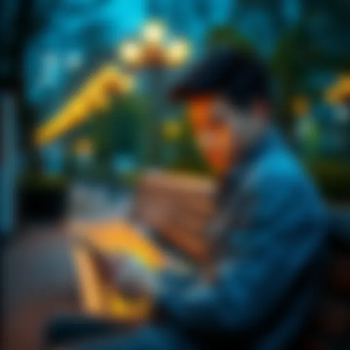 A young man sitting on a bench, looking anxious while glancing at his phone, preparing to approach someone for a date