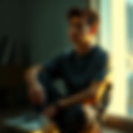 A 20-year-old man sitting alone, looking thoughtful as he contemplates his self-worth and societal pressures.
