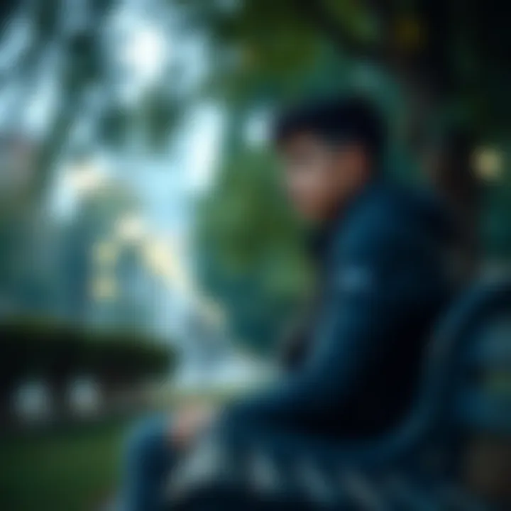 Young man reflecting in solitude A 21-year-old man sitting alone on a park bench, looking contemplative with a distant gaze, symbolizing mental struggles and social isolation.