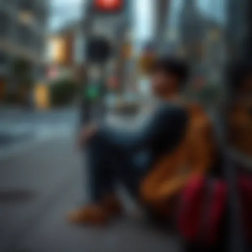 A 28-year-old man sits on a city sidewalk, looking thoughtful and worried, symbolizing the struggles of unemployment.