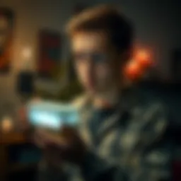 A 24-year-old man holding a spirit box, looking focused and apprehensive, surrounded by dim lighting and eerie decorations, hinting at a ghost-hunting setup