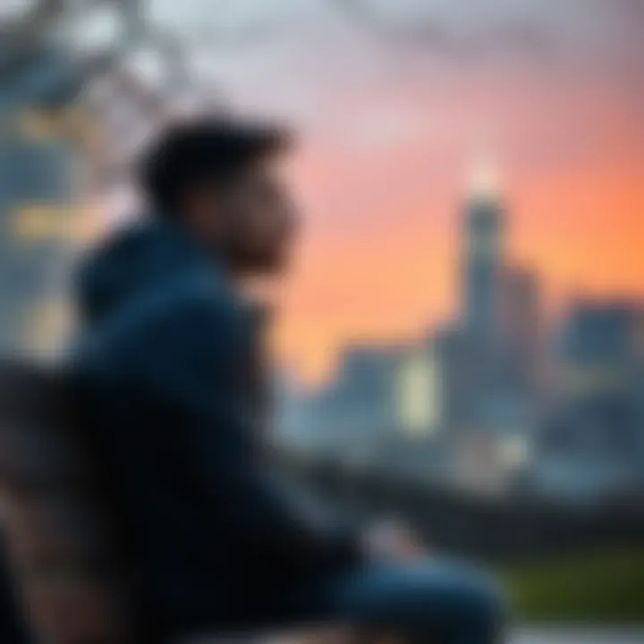 Young man thinking about his future A 25-year-old man sitting alone on a bench, looking contemplative as he reflects on his love life and career challenges, with a city skyline in the background.