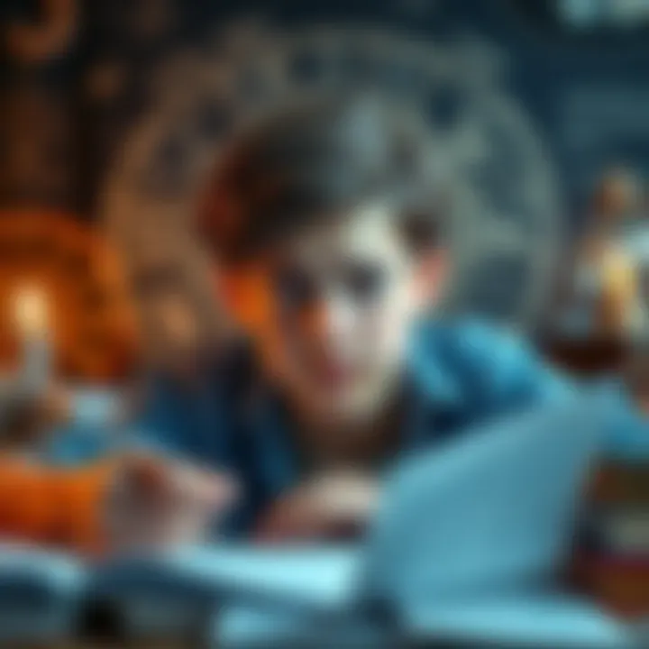 Young person struggling with communication A young person looks confused while studying their astrological birth chart, surrounded by astrological symbols and books on communication.