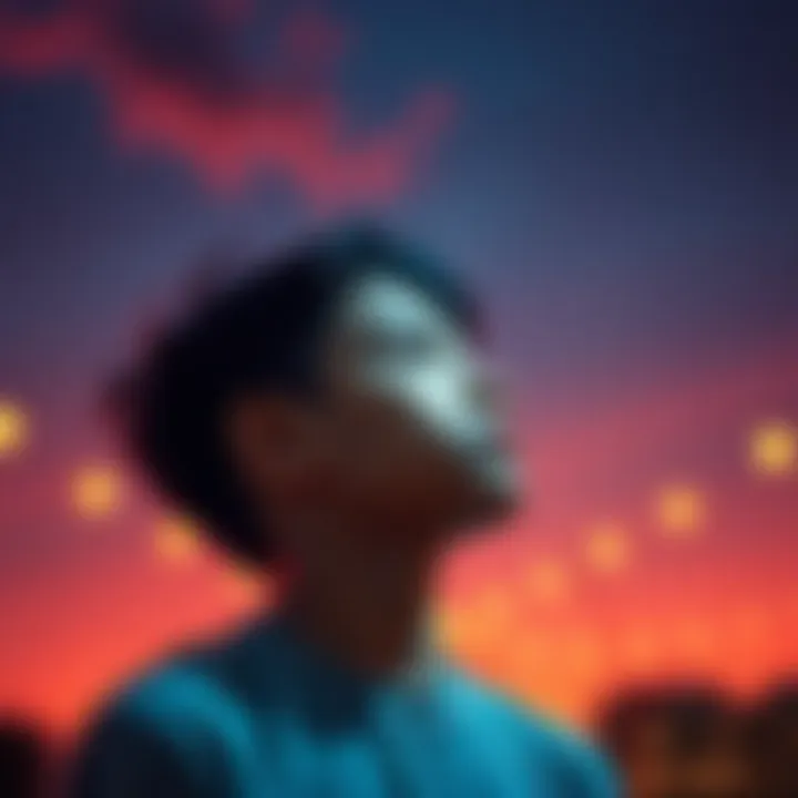 Young person dreaming of height growth A young individual looking up, envisioning taller heights with modeling aspirations