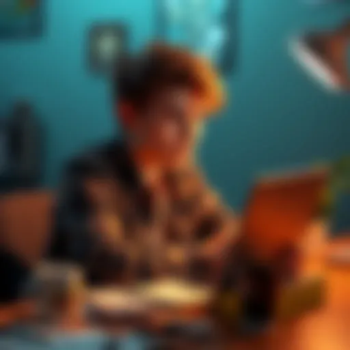 A 20-year-old sitting at a desk with a laptop, looking frustrated while searching for job opportunities online, surrounded by bills and a coffee cup.