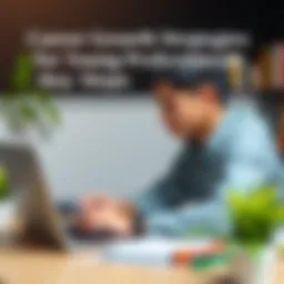 A young professional sitting at a desk, looking at a laptop and writing notes, focused on career development steps, with books and a plant in the background.