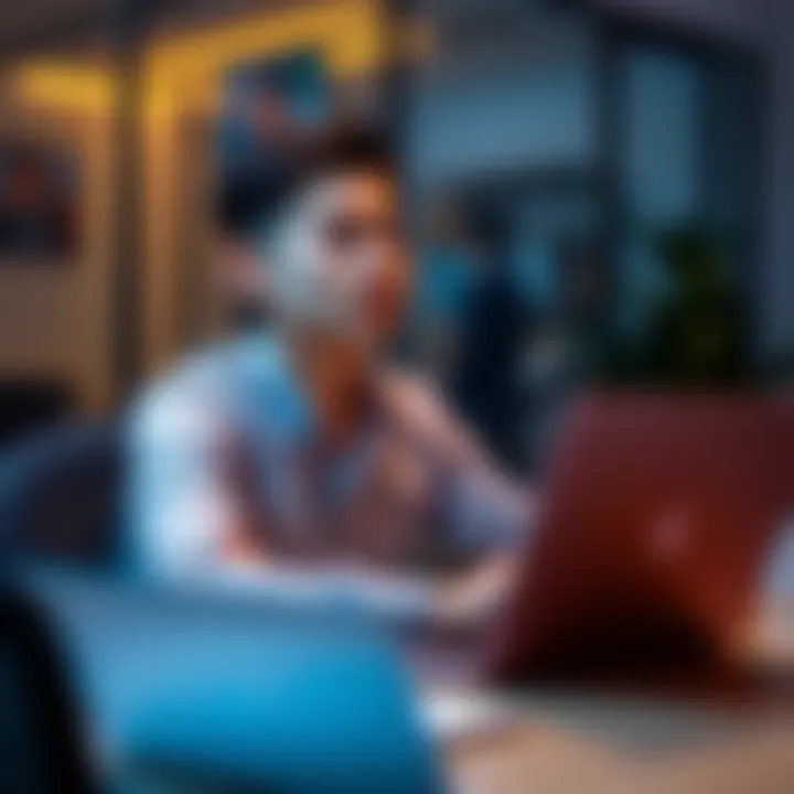 A 25-year-old person sitting at a desk with a laptop, looking thoughtful about their career and relationships