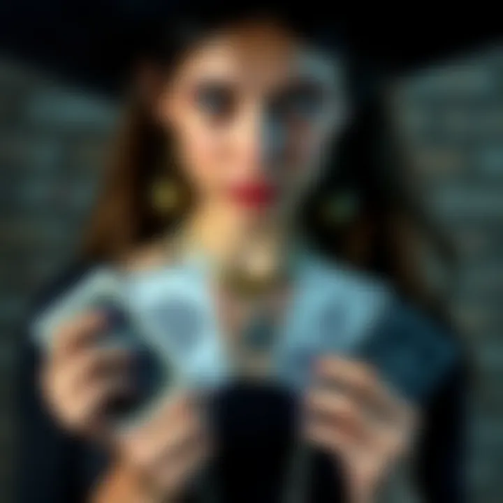 Young witch with pentagram necklace and tarot cards A young woman proudly wearing a pentagram necklace holds tarot cards, expressing her enthusiasm for witchcraft despite her father's disapproval.