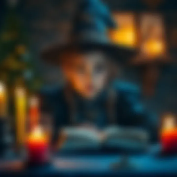 A young witch with a concerned expression sits at a table surrounded by candles and spell books, appearing frustrated after a failed love spell
