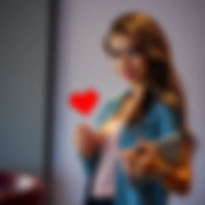 A 21-year-old woman is seen juggling work and a romantic relationship, holding a laptop in one hand and a heart symbol in the other.