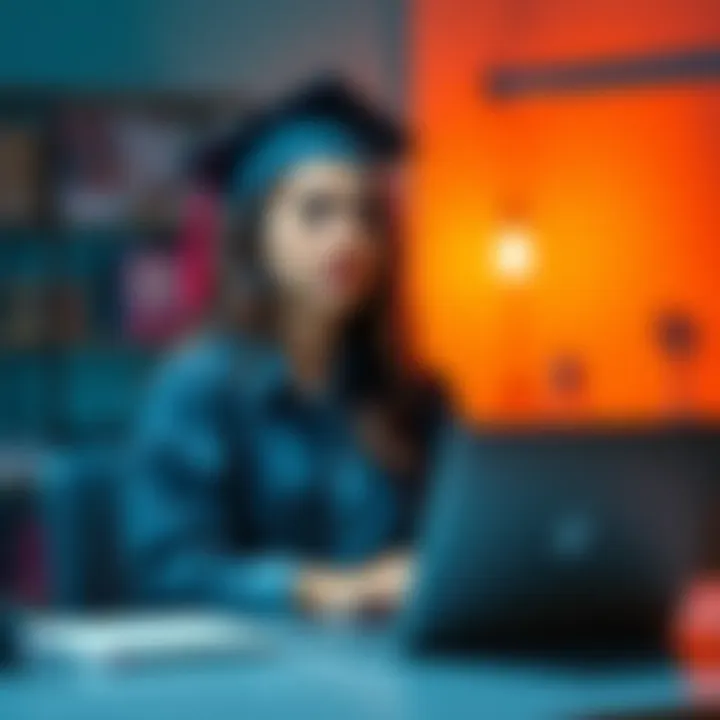 Young woman contemplating career options A young female graduate sitting at a desk with a laptop, looking pensive as she considers her career path amidst job market challenges.