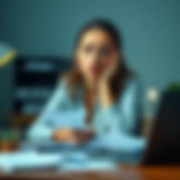 A young woman sitting at her desk with a worried expression, surrounded by paperwork and a laptop, indicating career struggles.
