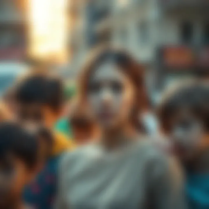 An 18-year-old woman looks uncomfortable while a group of young children play nearby, depicting her complex feelings towards kids.