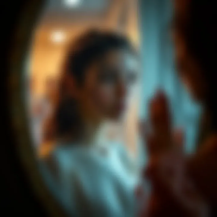 A 20-year-old woman looks in the mirror, reflecting on her desire for physical changes and transformation.