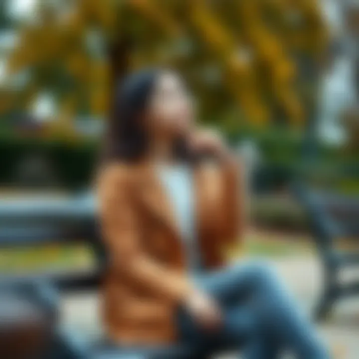 A 23-year-old woman sitting on a park bench, looking thoughtful as she reflects on her career, love, and friendships