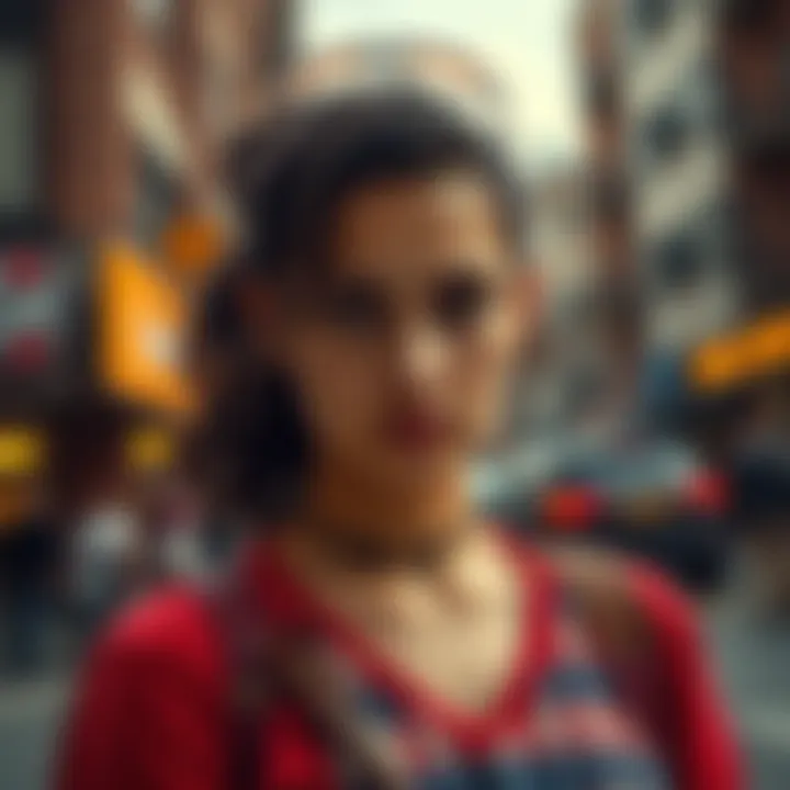 A 25-year-old woman with a serious expression standing in a city environment, portraying strength amidst challenges.