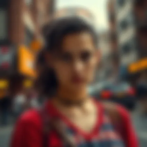 Young woman looking determined A 25-year-old woman with a serious expression standing in a city environment, portraying strength amidst challenges.