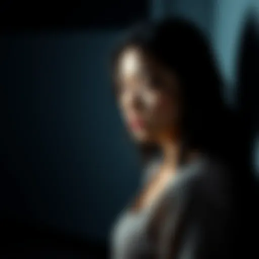 A young woman with a worried expression stands alone, reflecting on her troubled relationship with a wealthy man's son, shadows surrounding her to depict emotional turmoil.