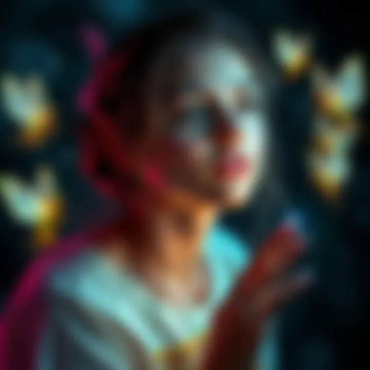 A young woman looks relieved as three fairies float around her at night, chasing away a dark shadow