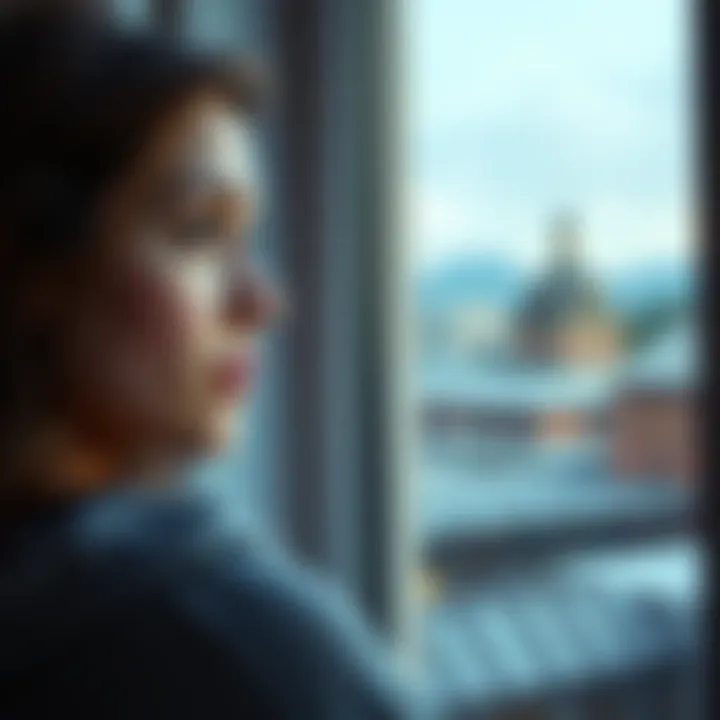 Young woman looking out the window A young woman with tears in her eyes gazes out a window, reflecting on her heartbreak after ending a long-distance relationship.