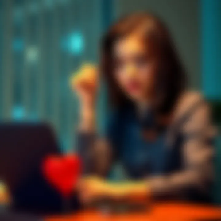 A 25-year-old woman looking thoughtful while working on a laptop, with a heart symbol on her desk, symbolizing love and career balance