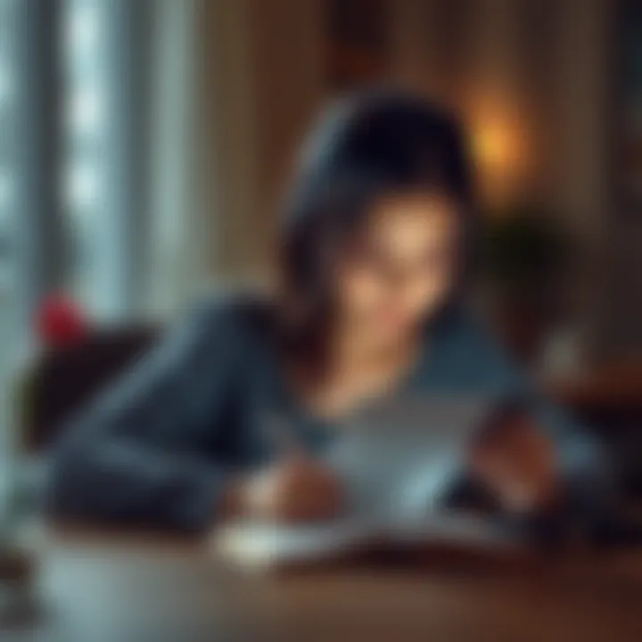 A young woman sitting at a table, writing a love letter with a thoughtful expression