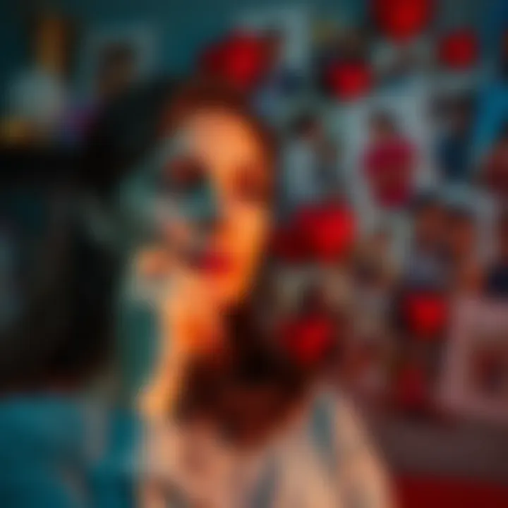 Young woman pondering love A 29-year-old woman deep in thought about finding love, with a backdrop of family photos symbolizing relationships