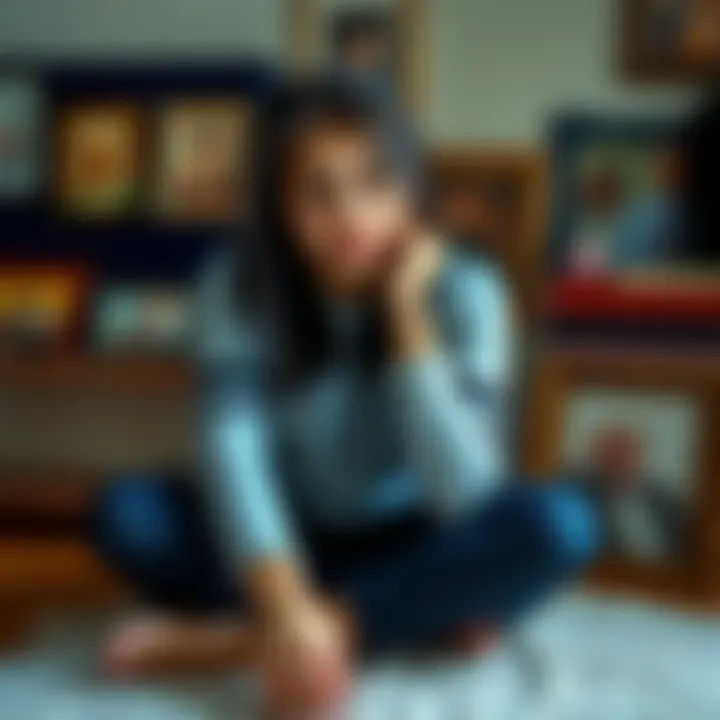 A 17-year-old girl sits in a thoughtful pose, surrounded by family photos, contemplating her great-grandfather's stories