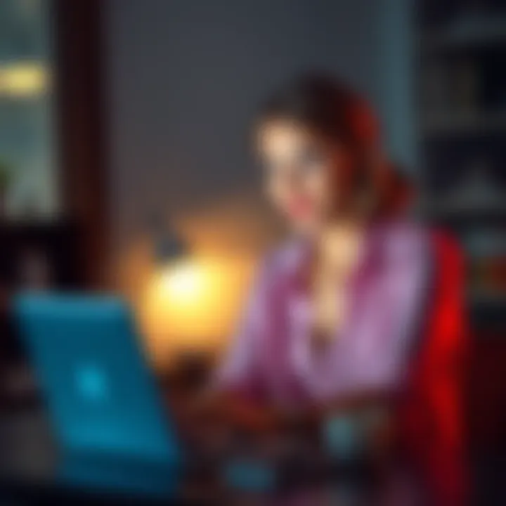 A 29-year-old woman sits at a desk, looking thoughtfully at her laptop, inviting online community advice.