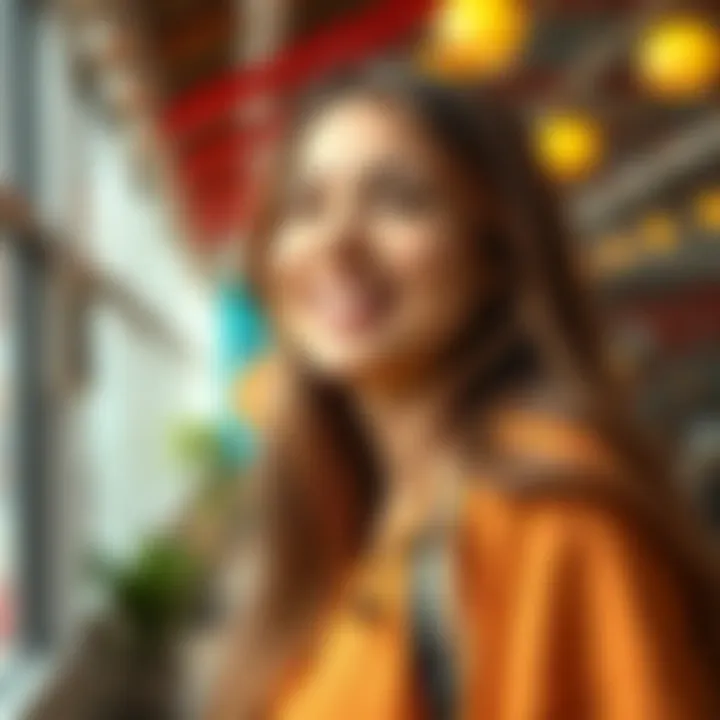 A young woman with long hair smiles confidently in a bright and cheerful setting, showcasing her self-love and beauty.