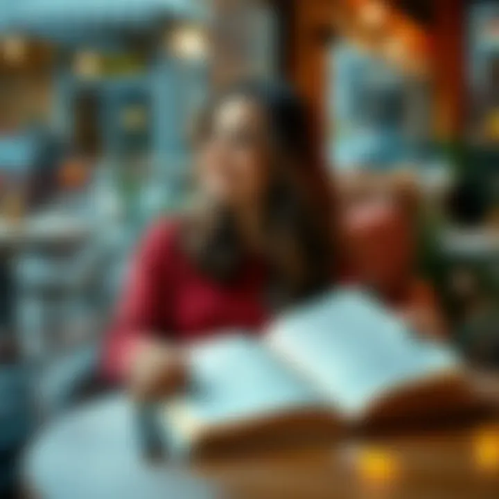 A 21-year-old woman sits in a cozy café, looking thoughtfully out the window with a small smile, reflecting on her feelings for a classmate. She has a journal open in front of her, filled with notes a...