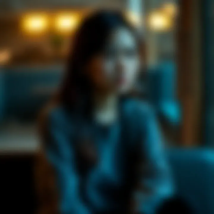 A young woman sits alone, looking contemplative as she struggles with her thoughts about family expectations and personal goals.