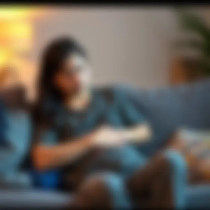 A worried young adult sitting on a couch, holding their stomach in discomfort, with a concerned expression on their face.