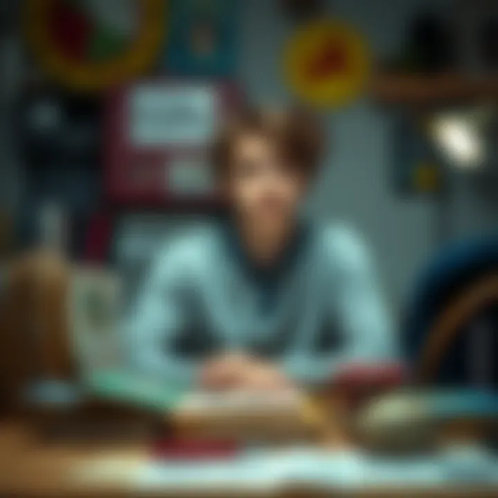 A 26-year-old person sits at a desk surrounded by astrology books and culinary tools, looking thoughtful about their career path.