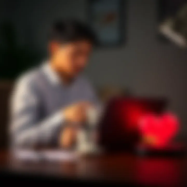 A 28-year-old person sitting at a desk, looking at a laptop while holding a coffee cup, with wedding rings and a heart symbol nearby, symbolizing the balance of career and love