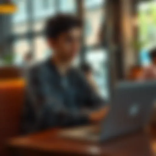 A 23-year-old looking thoughtful while working on a laptop in a cozy coffee shop, reflecting on life decisions and future goals.