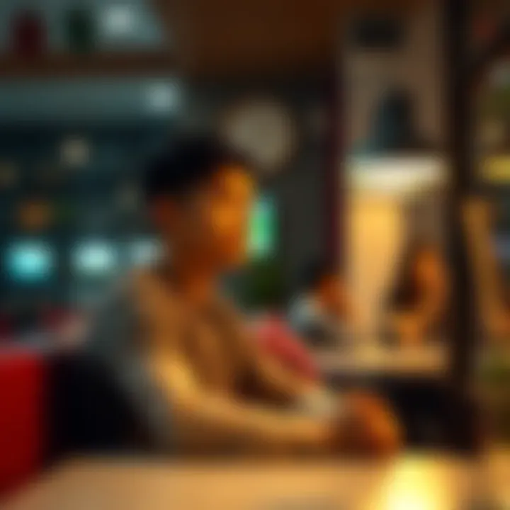 A young adult sitting alone in a cozy cafe, looking thoughtful while glancing at a couple nearby, reflecting on their own romantic struggles