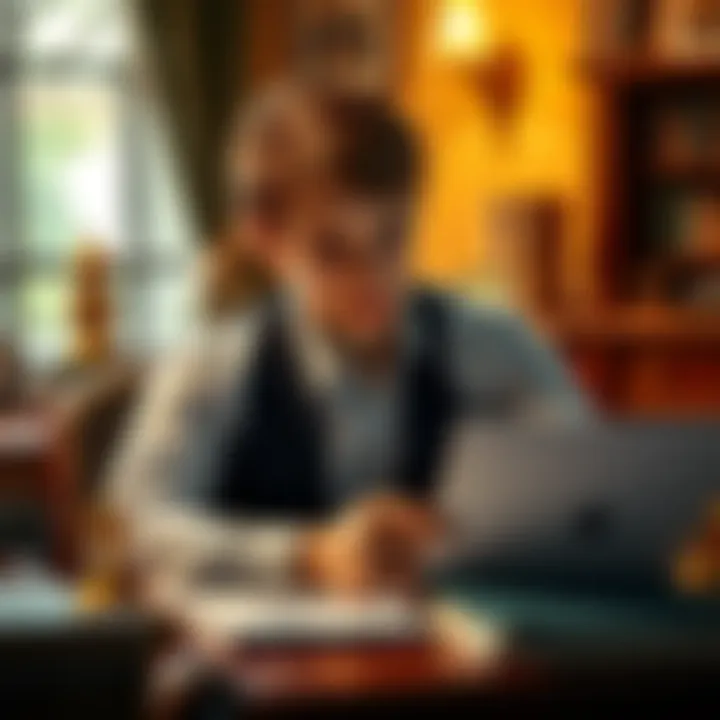 A young adult sits at a desk, looking at Freemason materials, with a thoughtful expression, contemplating their upcoming interview.