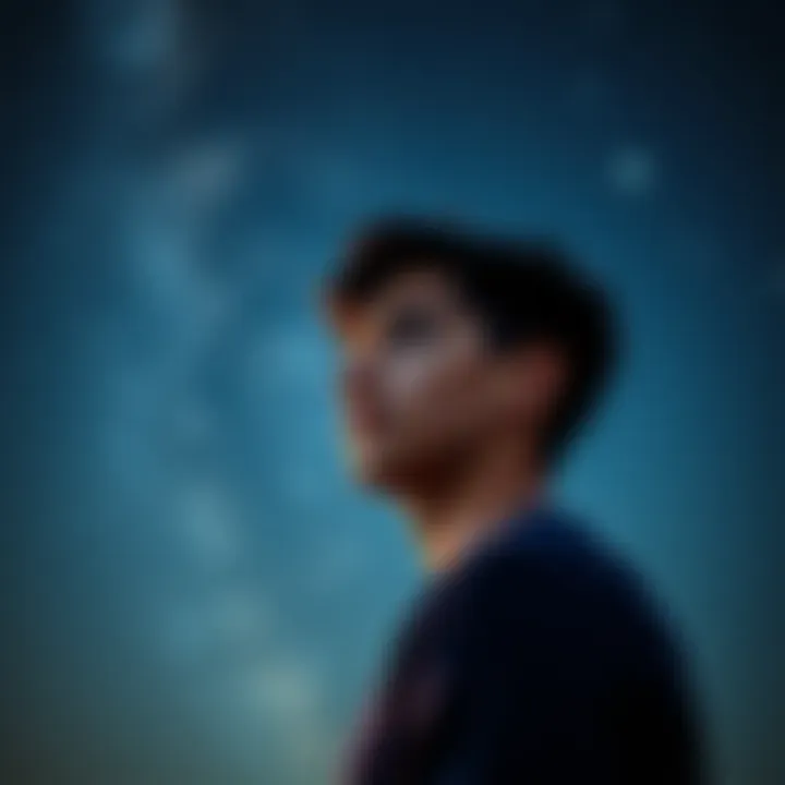 A 28-year-old person looking thoughtfully at a starry night sky, symbolizing personal growth and astrological transitions relating to the pre-Saturn return phenomenon.
