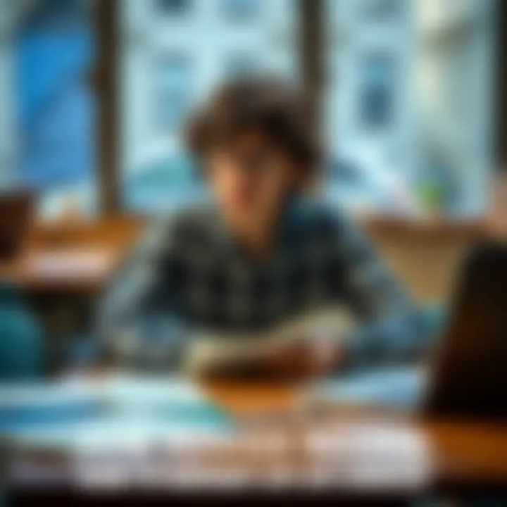 A 22-year-old person sitting at a table with a notebook, looking thoughtful while considering various life choices, surrounded by notes and a laptop.