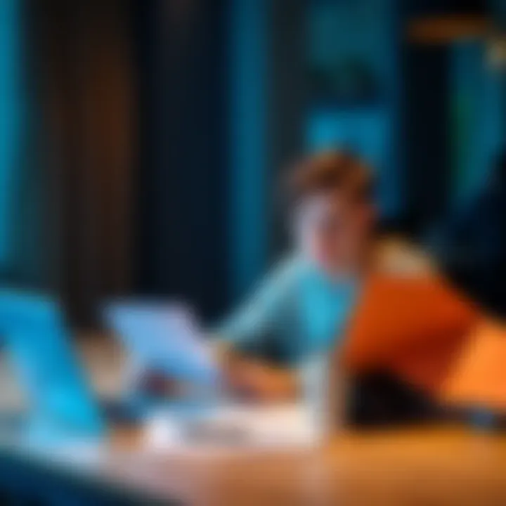 A young person sitting at a table with a laptop and financial documents, looking focused and planning their budget.