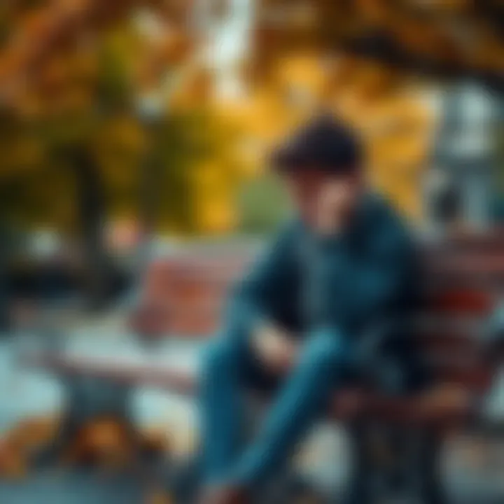 A young adult sitting on a park bench, looking stressed and deep in thought, surrounded by autumn leaves, symbolizing change and chaos in life