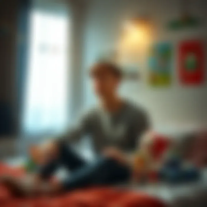 A young man sits on a bed with a thoughtful expression, surrounded by familiar childhood objects like toys and posters, symbolizing his dreams of past places and memories.