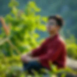 A 21-year-old sitting peacefully in nature, contemplating life with a serene expression, surrounded by greenery.