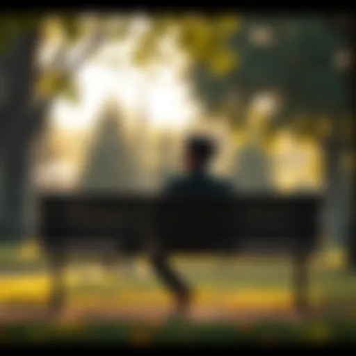 A young adult sitting on a park bench, looking thoughtful, surrounded by trees and a calm atmosphere, symbolizing self-reflection and personal growth.