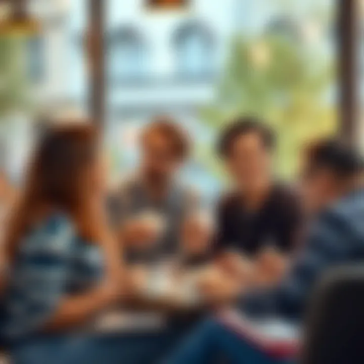 A group of 28-year-olds discussing their hopes for owning a home, sitting at a cafe with coffee and notebooks