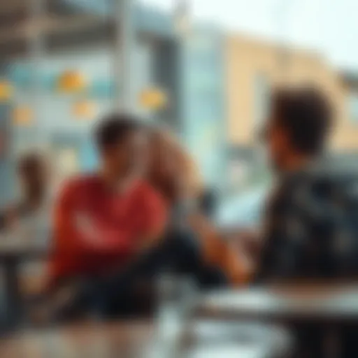 A group of young adults sitting in a coffee shop, discussing their experiences with relationships and attraction to unavailable partners.