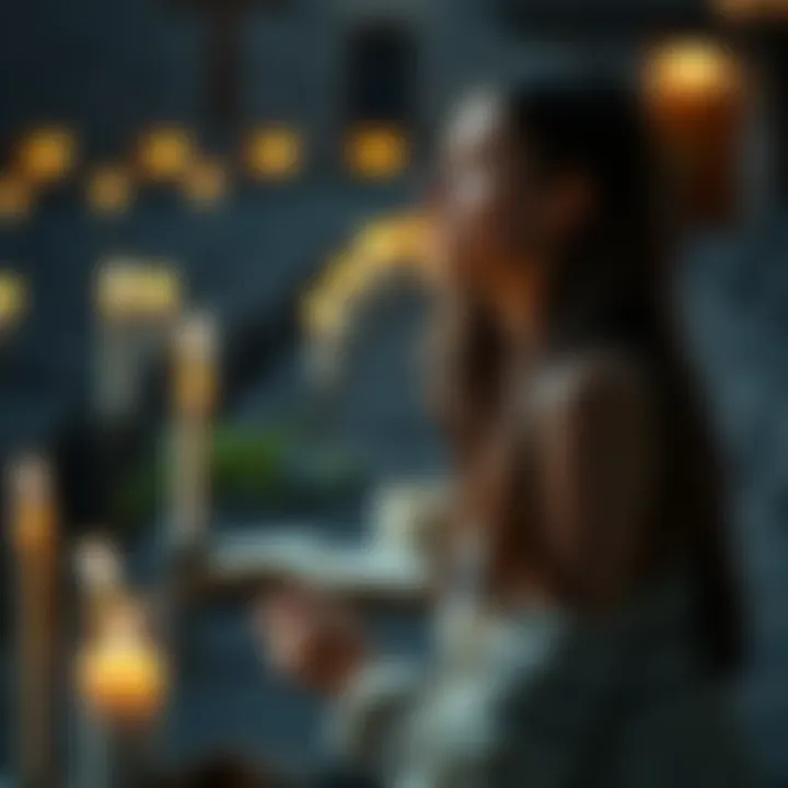 A 19-year-old woman reflecting during a Catholic retreat, surrounded by candles and nature, symbolizing her spiritual journey.